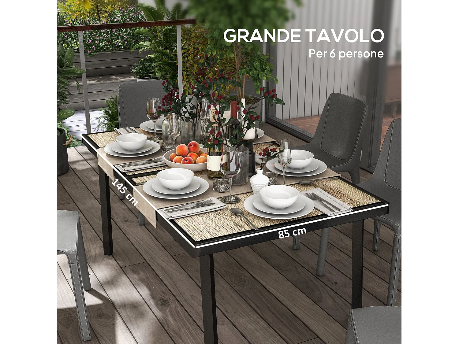 Tavolo da giardino rettangolare per 6 persone 145x85x72 cm grigio