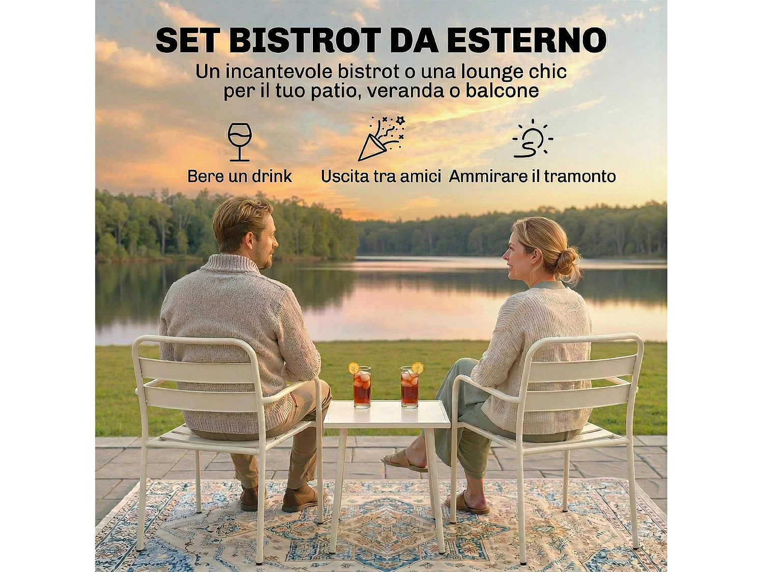 Set bistrò con due sedie in acciaio zincato bianco