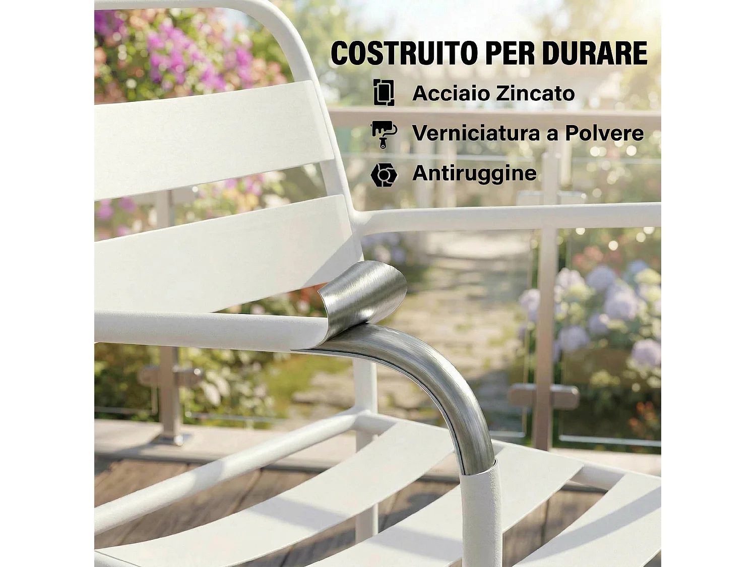 Set bistrò con due sedie in acciaio zincato bianco