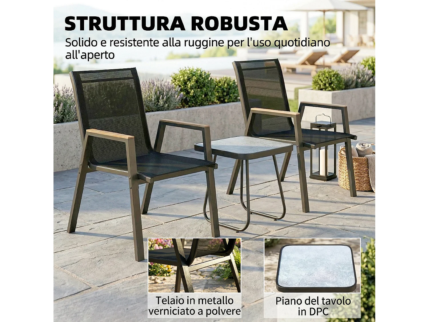 Set bistrò da esterni 3 pezzi in rete nero