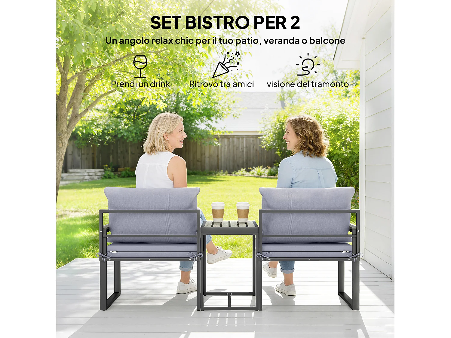 Set da esterno 3pz con tavolo da giardino 2 sedie grigio