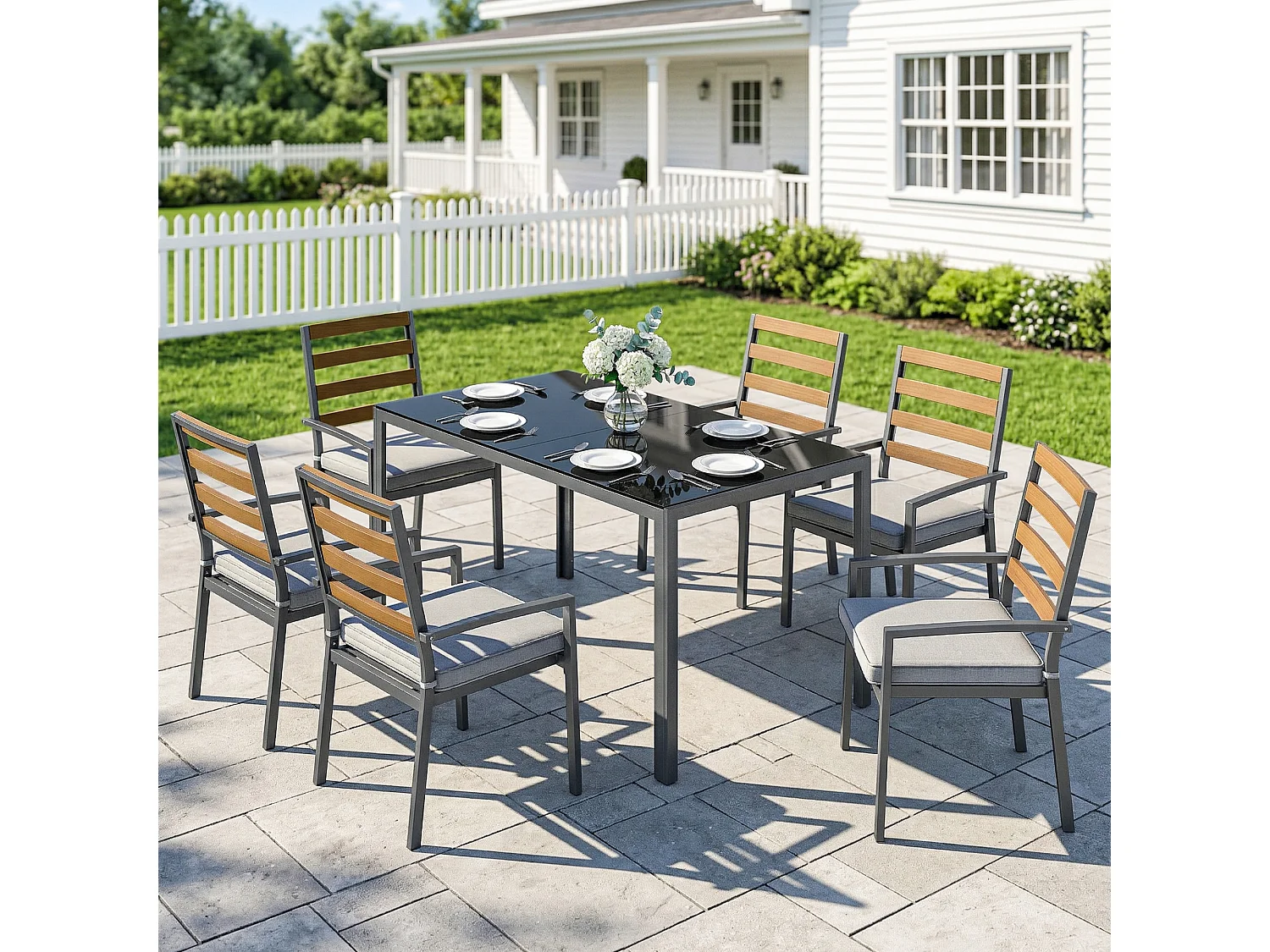Set da pranzo da giardino 7 pezzi in vetro temperato nero