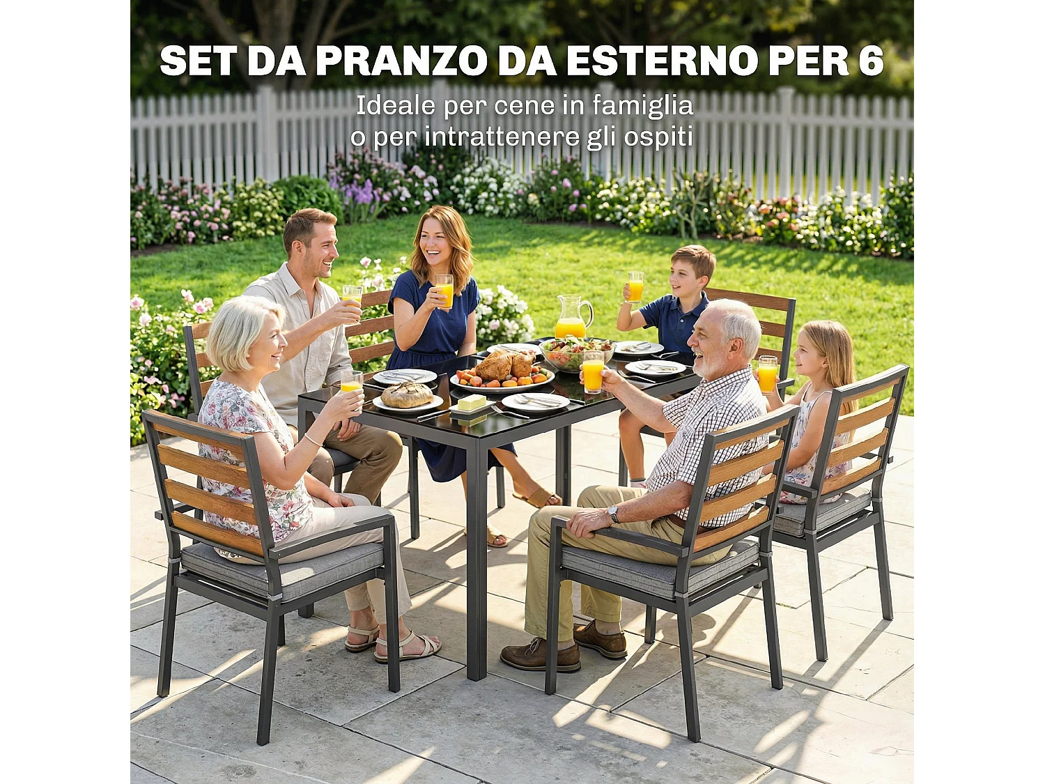 Set da pranzo da giardino 7 pezzi in vetro temperato nero