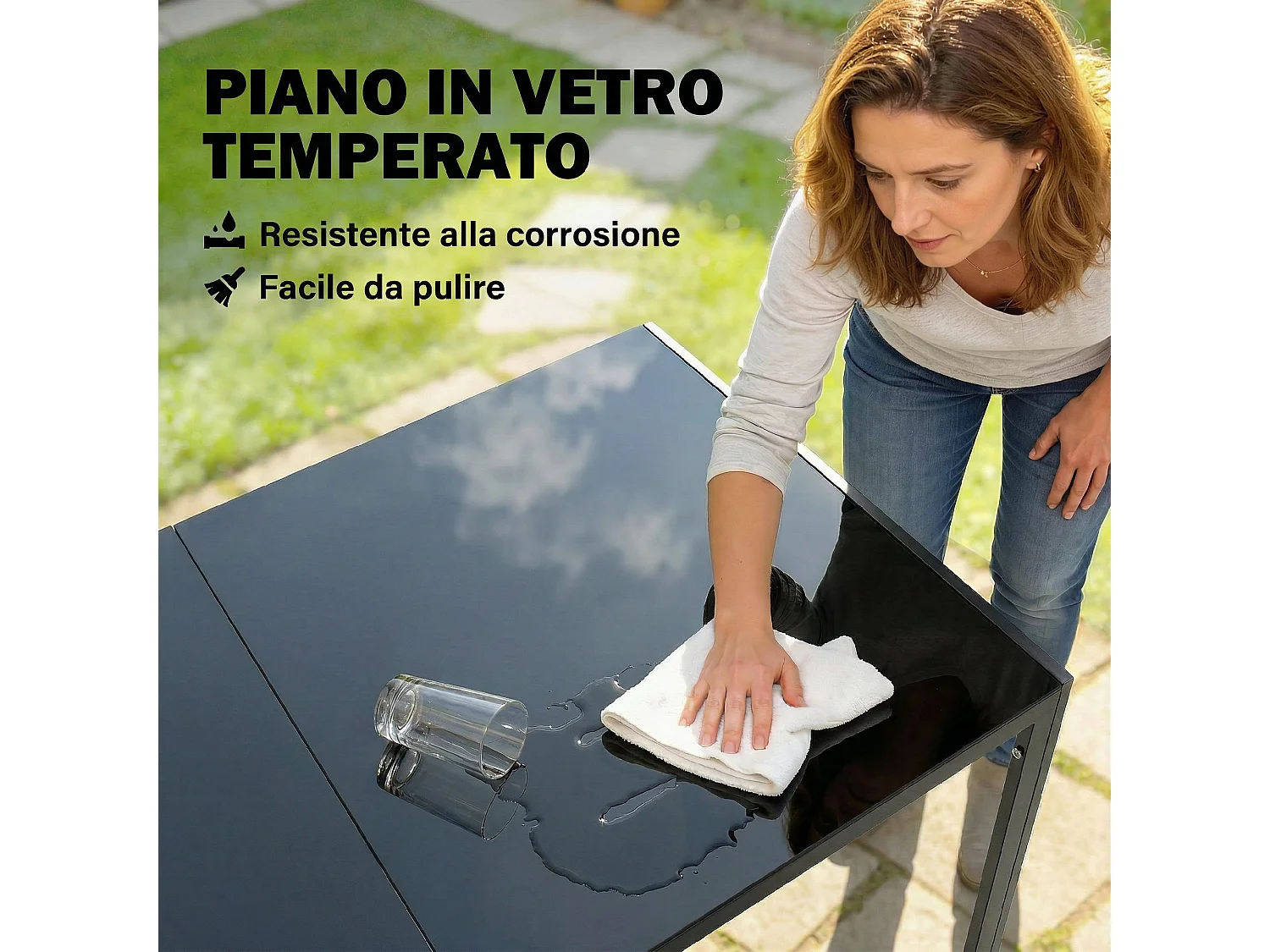 Set da pranzo da giardino 7 pezzi in vetro temperato nero