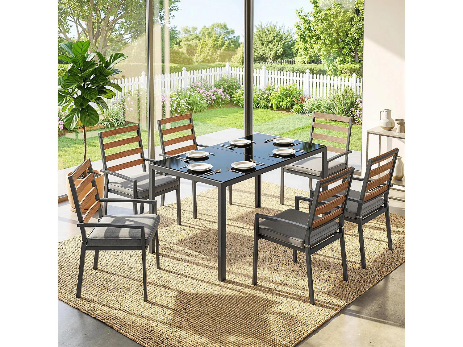 Set da pranzo da giardino 7 pezzi in vetro temperato nero