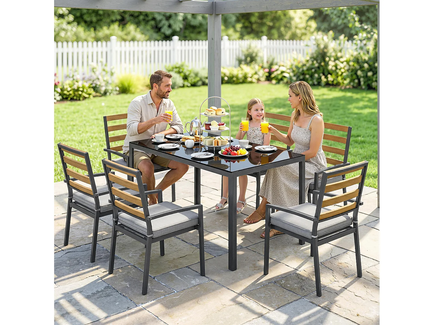 Set da pranzo da giardino 7 pezzi in vetro temperato nero