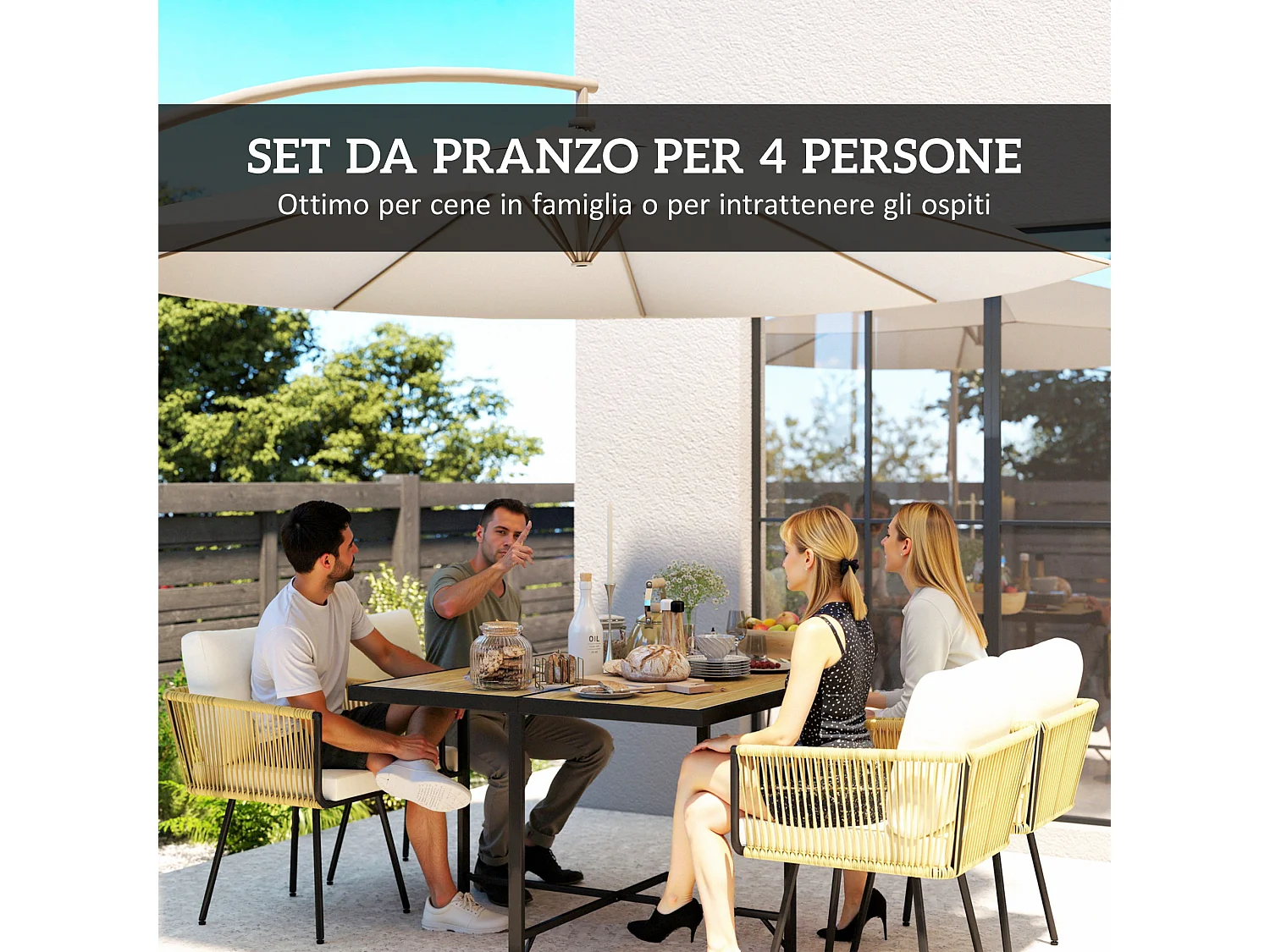 Set da giardino 5 pezzi con sedie impilabili rattan beige