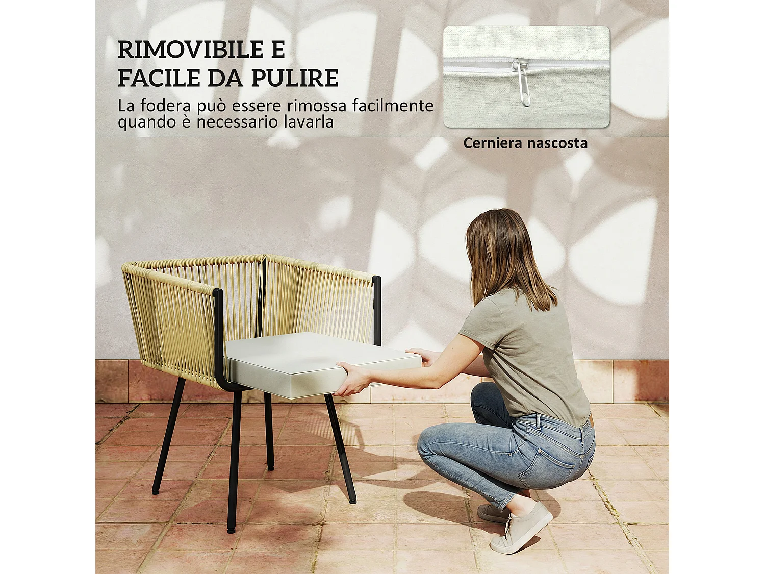 Set da giardino 5 pezzi con sedie impilabili rattan beige