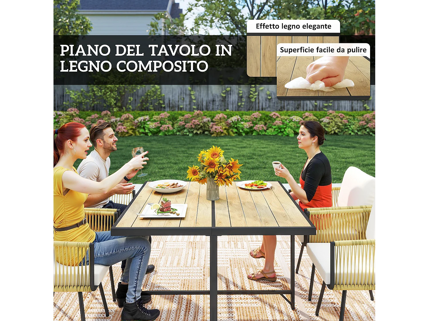 Set da giardino 5 pezzi con sedie impilabili rattan beige