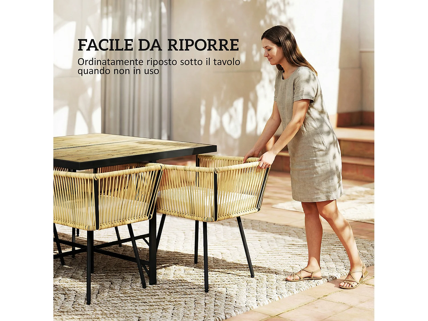 Set da giardino 5 pezzi con sedie impilabili rattan beige