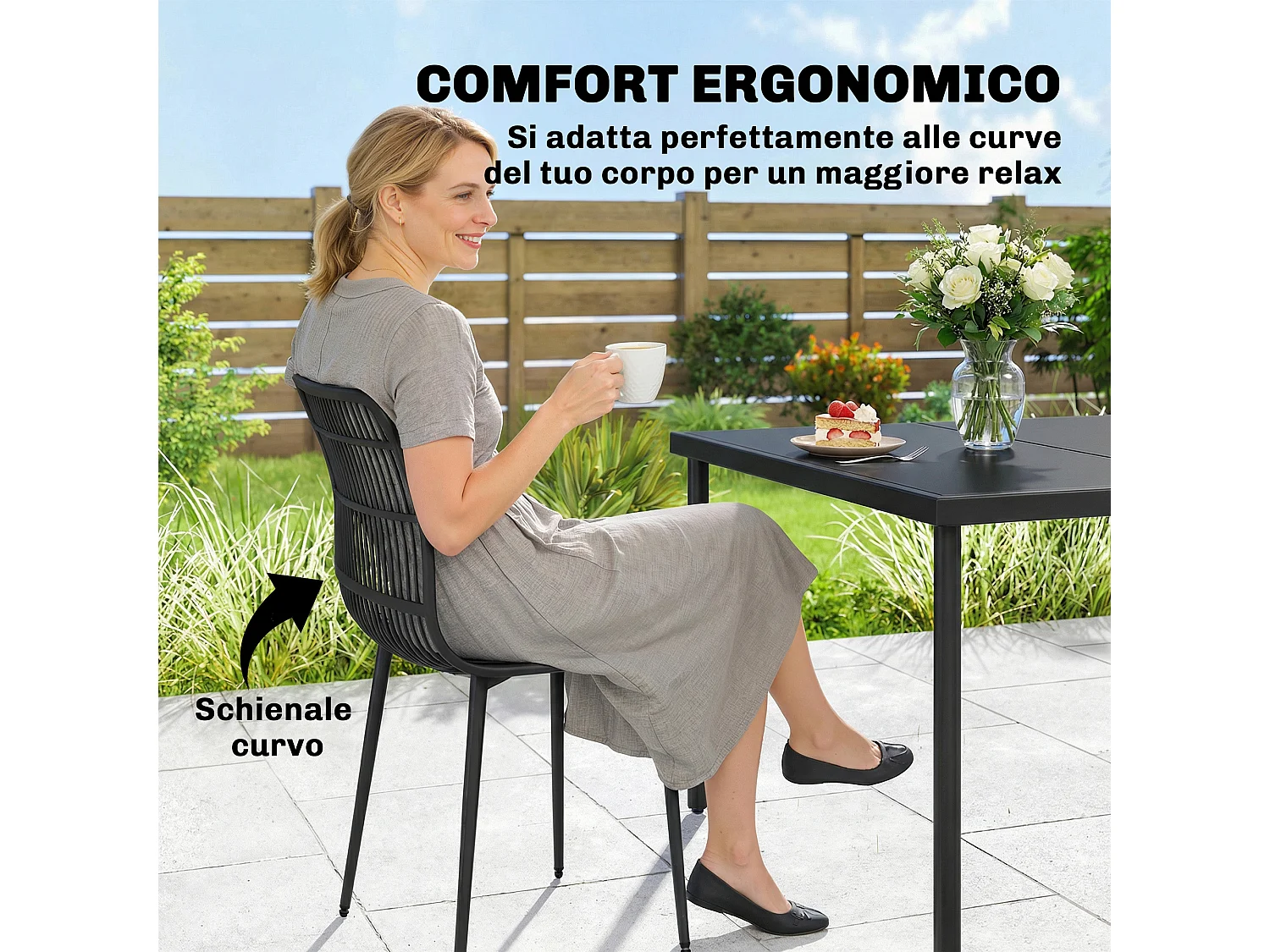 Sedie da giardino set da 4 schienale fessurato nero