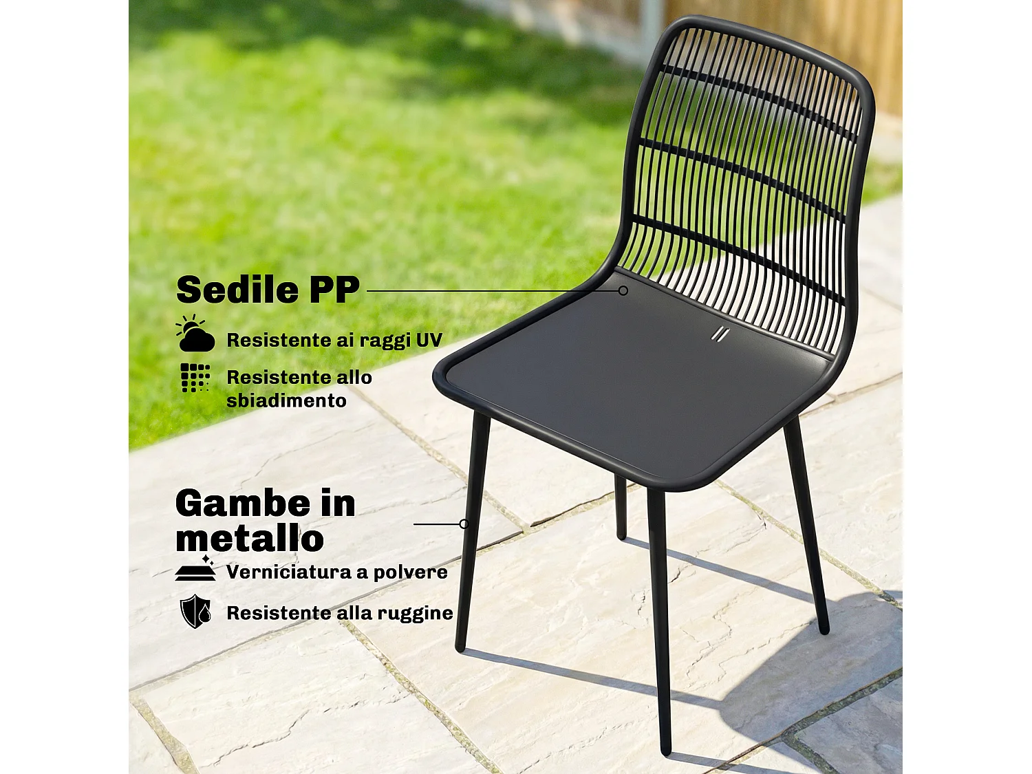 Sedie da giardino set da 4 schienale fessurato nero