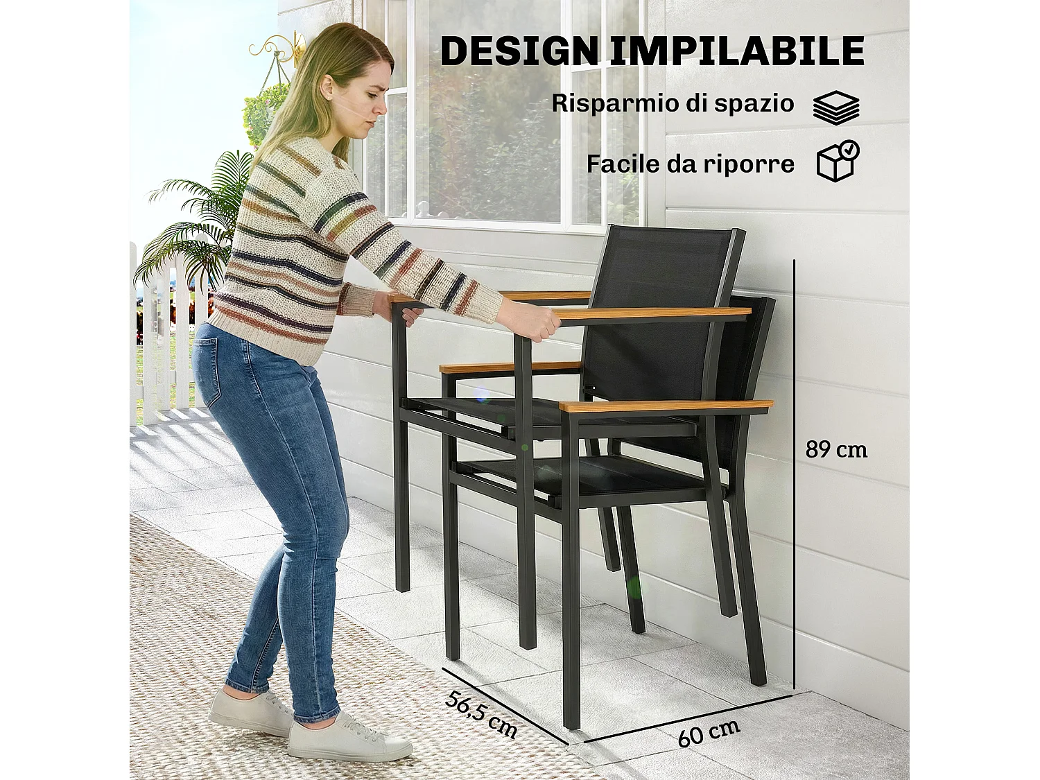 Set 2 sedie esterno impilabili metallo grigio scuro