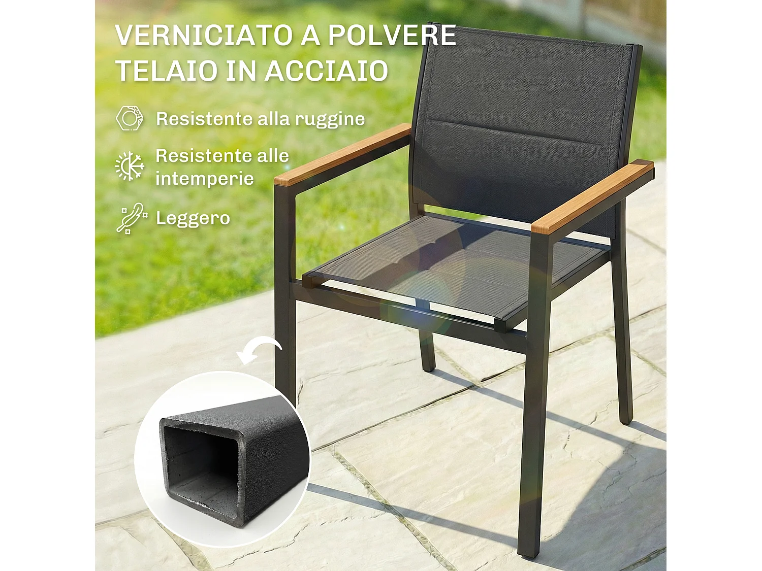 Set 2 sedie esterno impilabili metallo grigio scuro