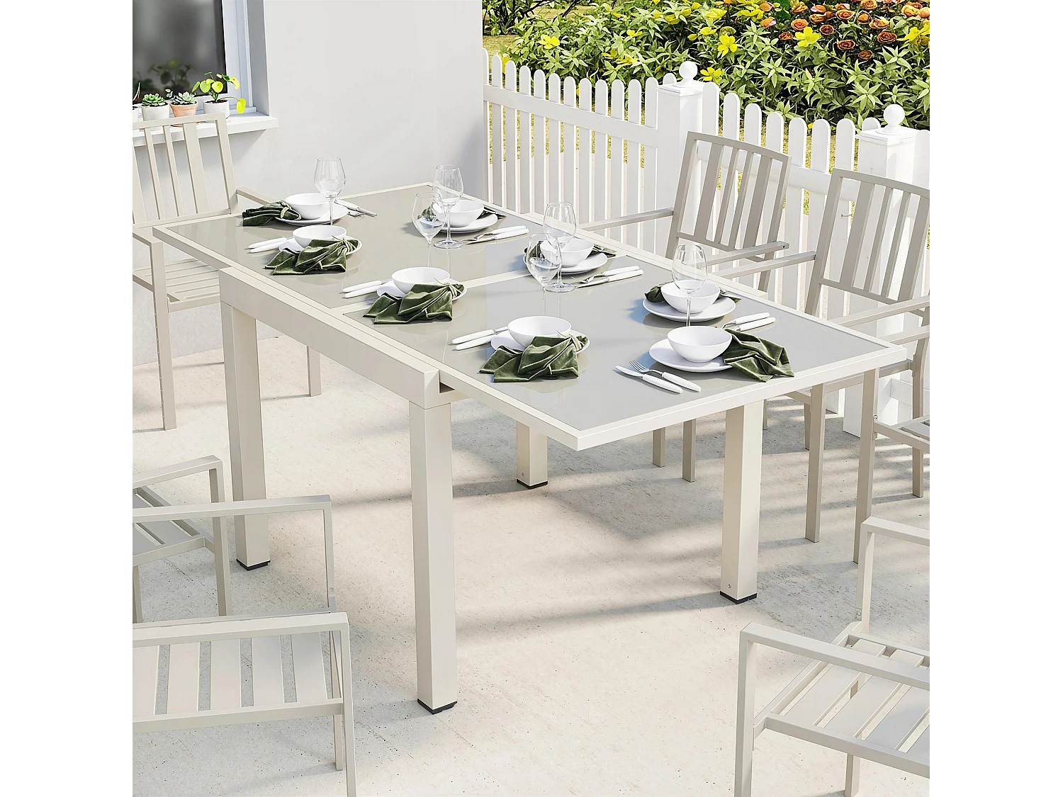 Tavolo da giardino estensibile in alluminio e vetro bianco crema