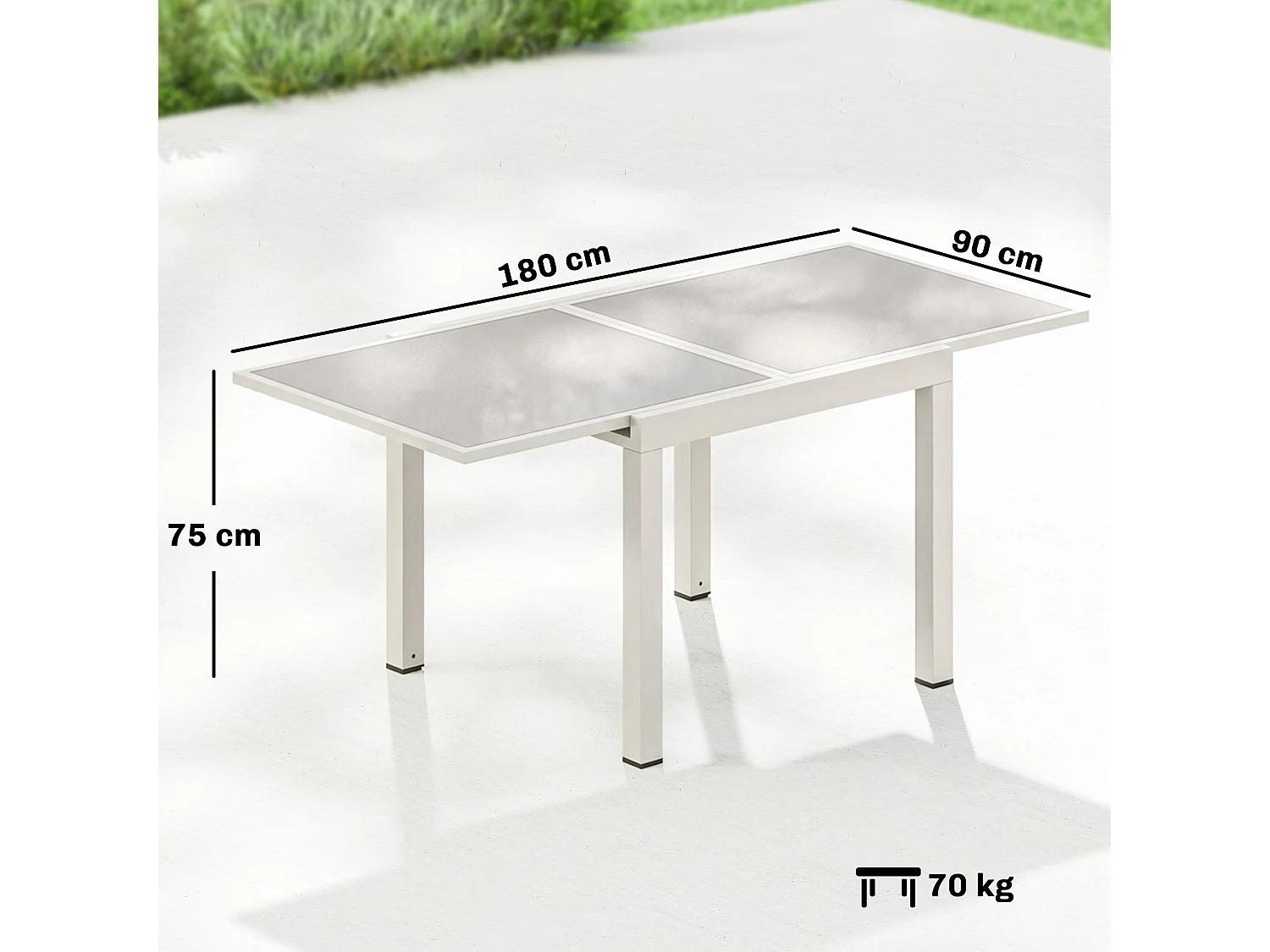 Tavolo da giardino estensibile in alluminio e vetro bianco crema
