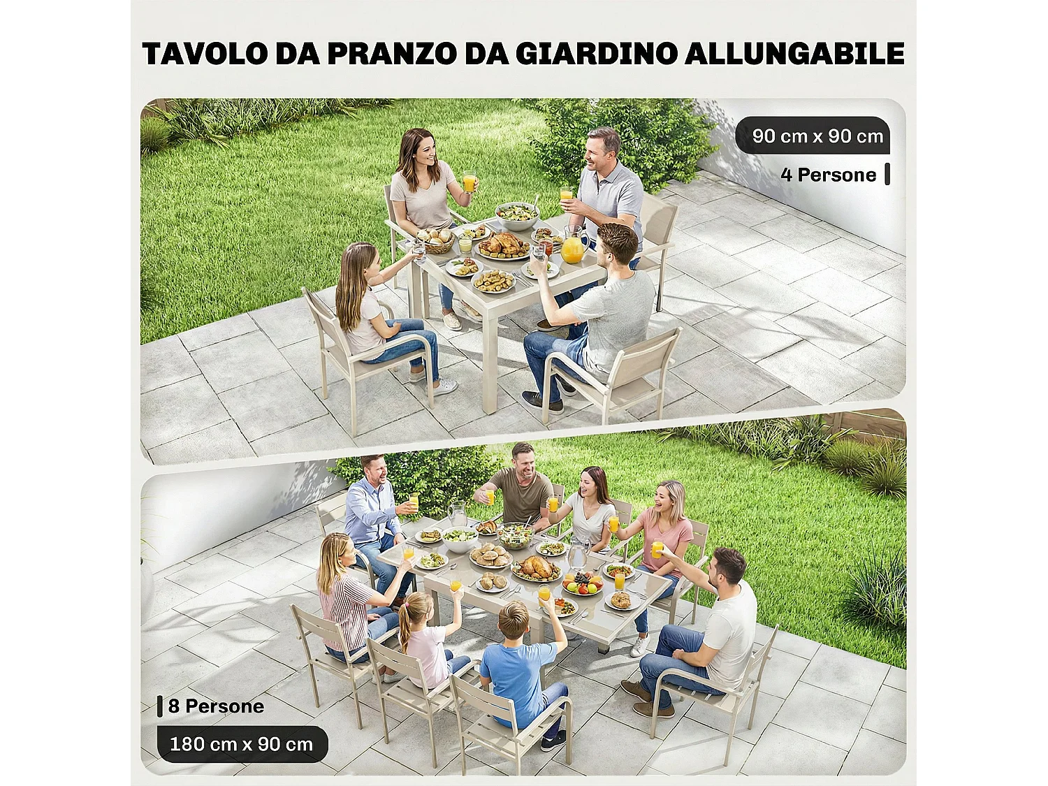 Tavolo da giardino estensibile in alluminio e vetro bianco crema