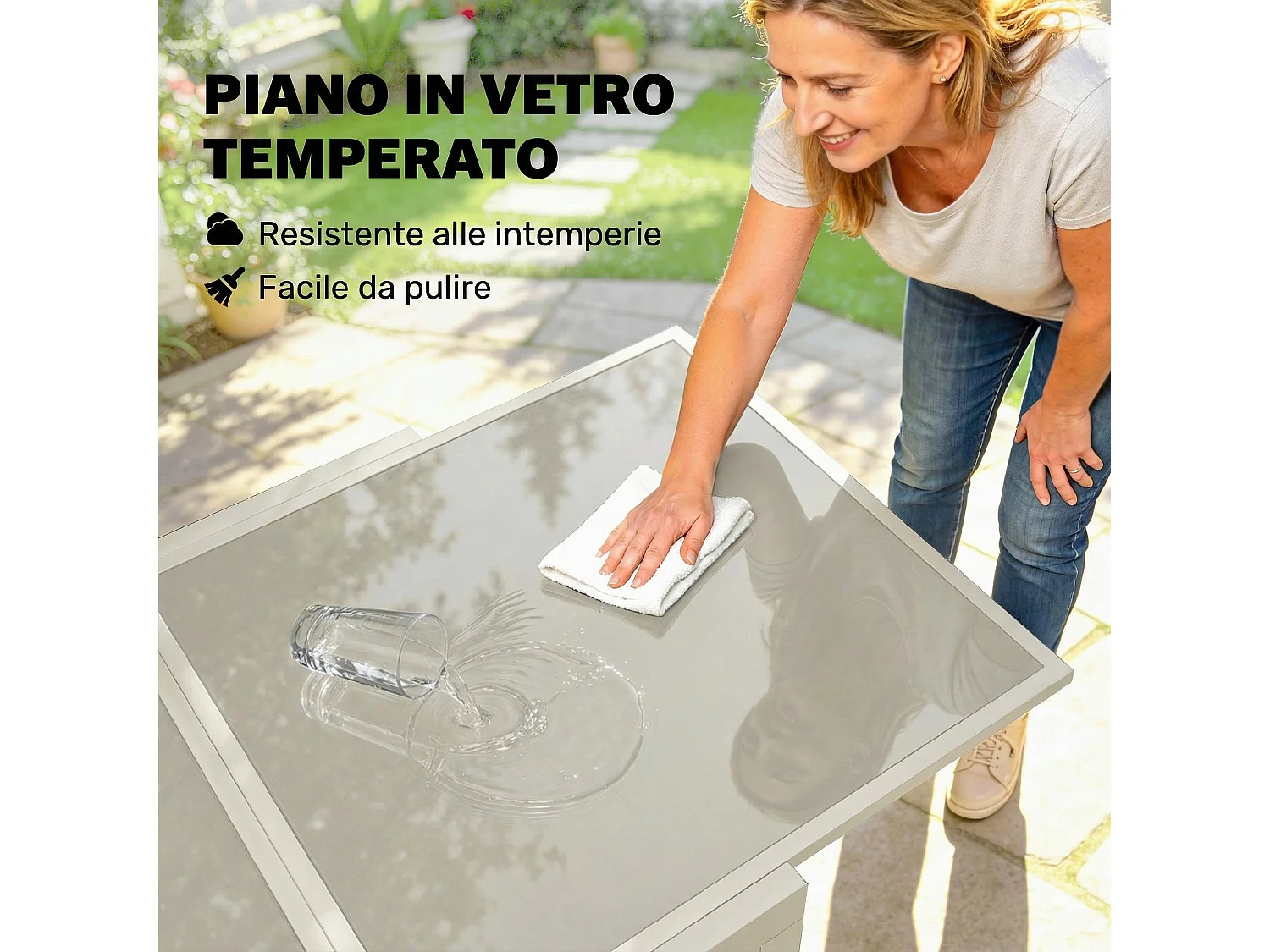 Tavolo da giardino estensibile in alluminio e vetro bianco crema