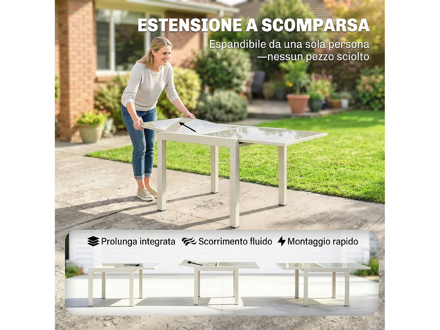 Tavolo da giardino estensibile in alluminio e vetro bianco crema