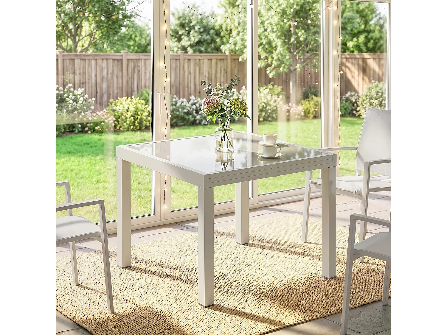 Tavolo da giardino estensibile in alluminio e vetro bianco crema