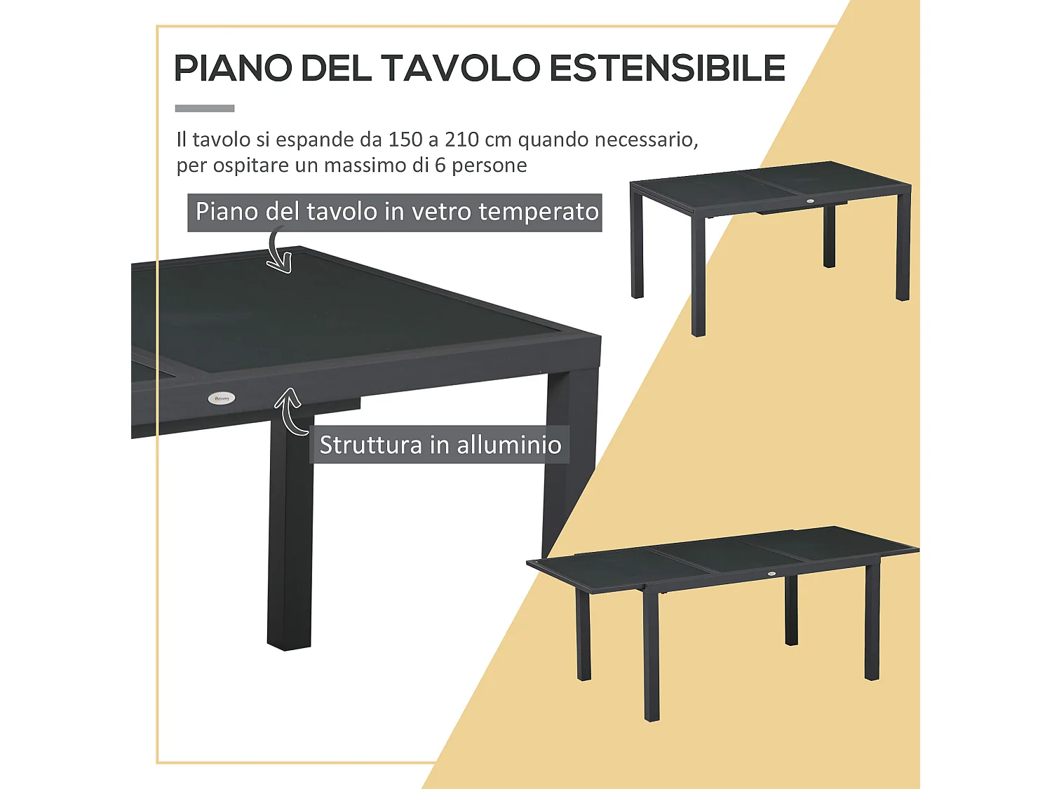 Set 7pz tavolo rettangolare e 6 sedie da esterno in alluminio