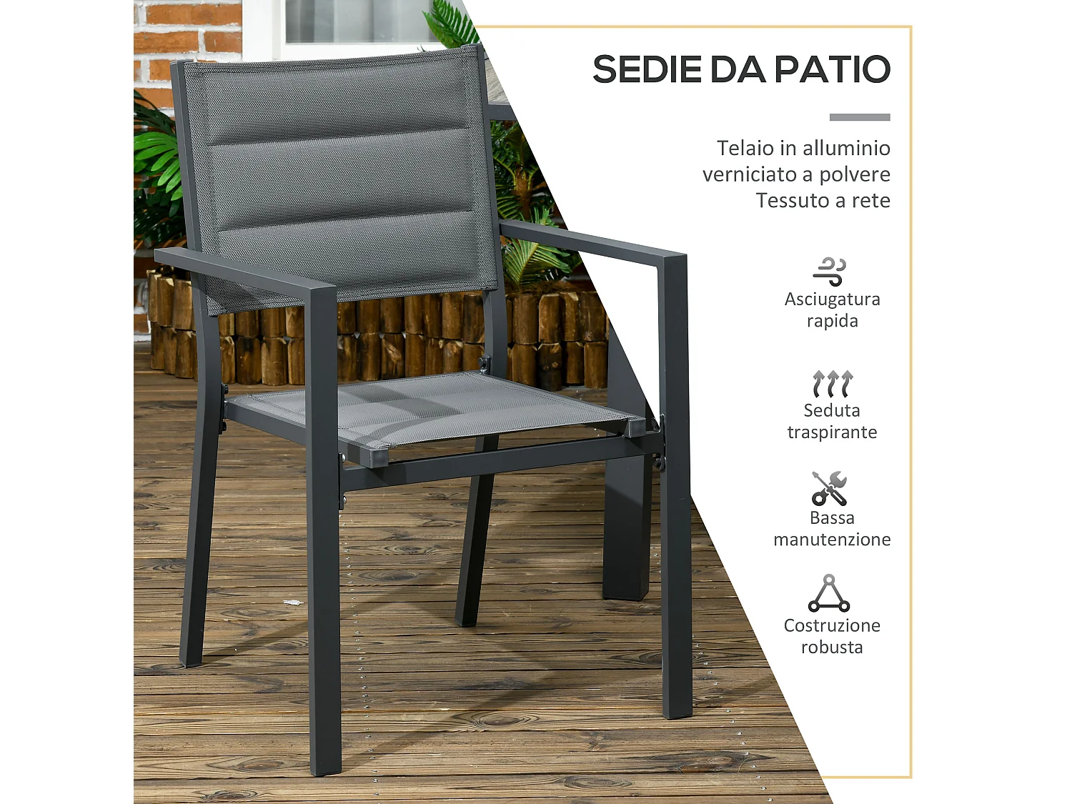Set 7pz tavolo rettangolare e 6 sedie da esterno in alluminio