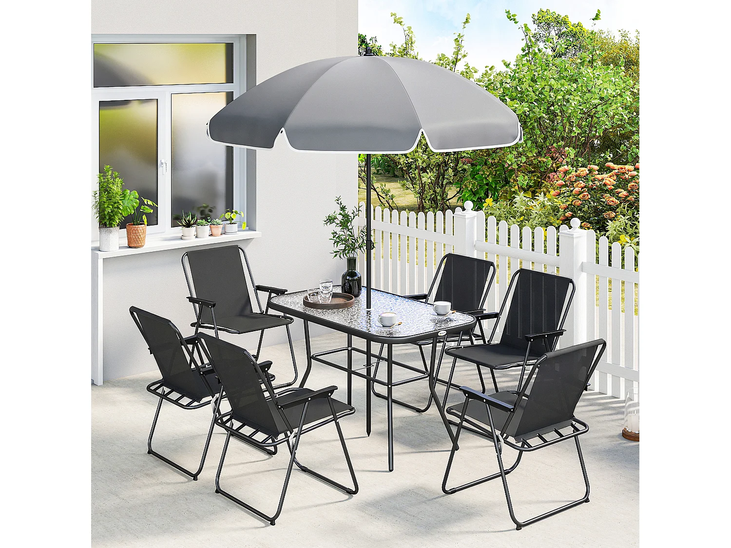 Set da giardino con ombrellone, 6 sedie e tavolo nero
