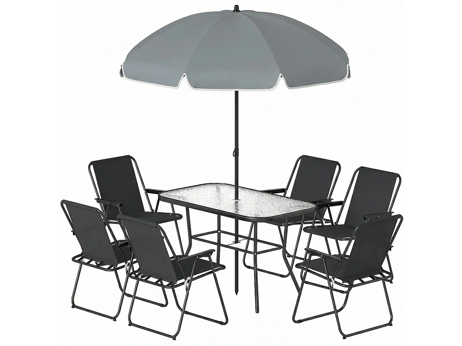 Set da giardino con ombrellone, 6 sedie e tavolo nero