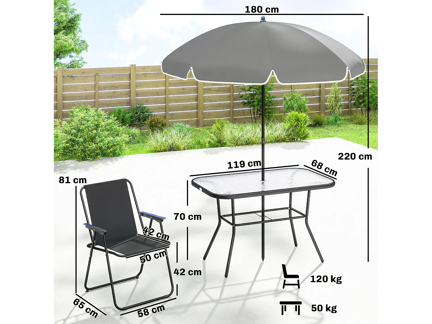 Set da giardino con ombrellone, 6 sedie e tavolo nero
