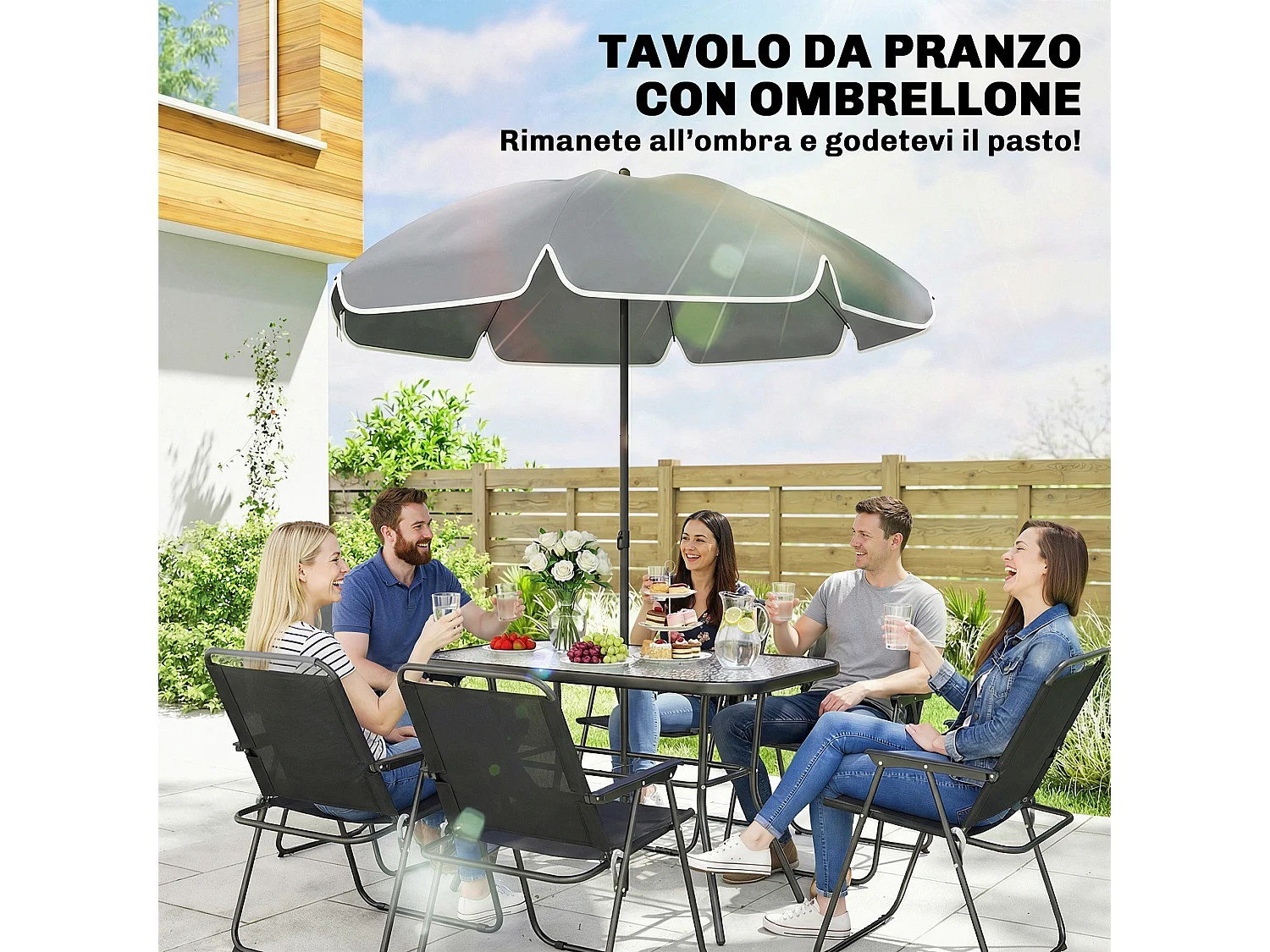Set da giardino con ombrellone, 6 sedie e tavolo nero