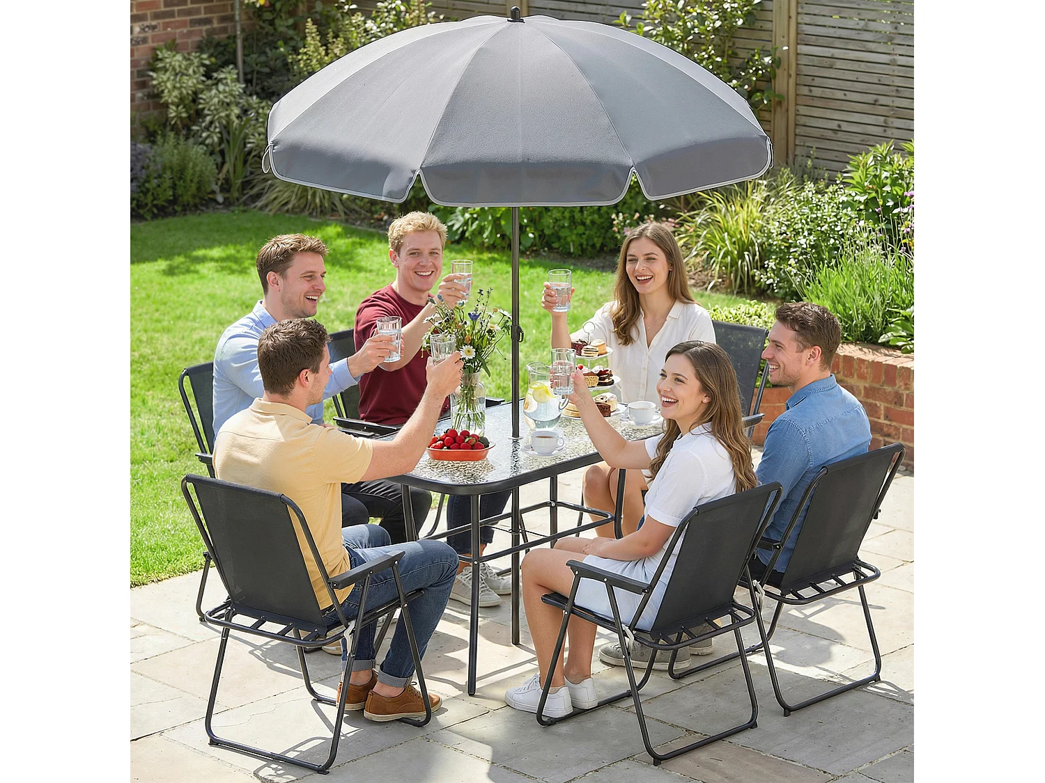 Set da giardino con ombrellone, 6 sedie e tavolo nero