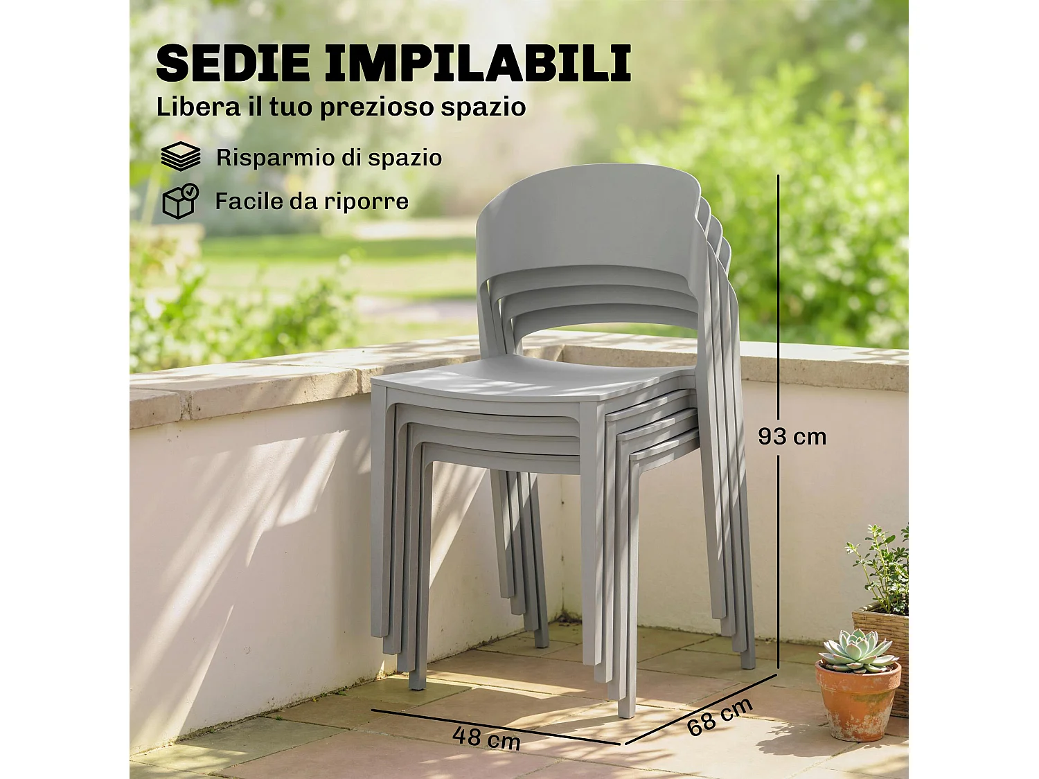 Sedie da giardino impilabili in pp grigio chiaro
