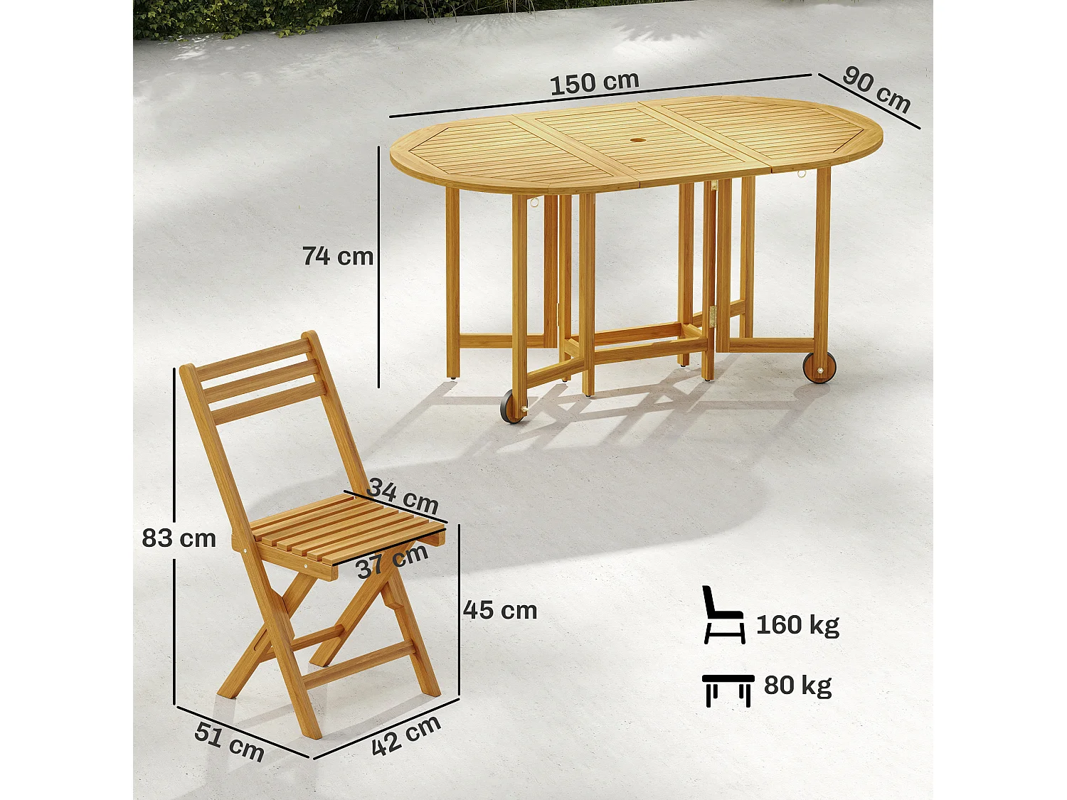 Set da pranzo estensibile in legno di acacia naturale