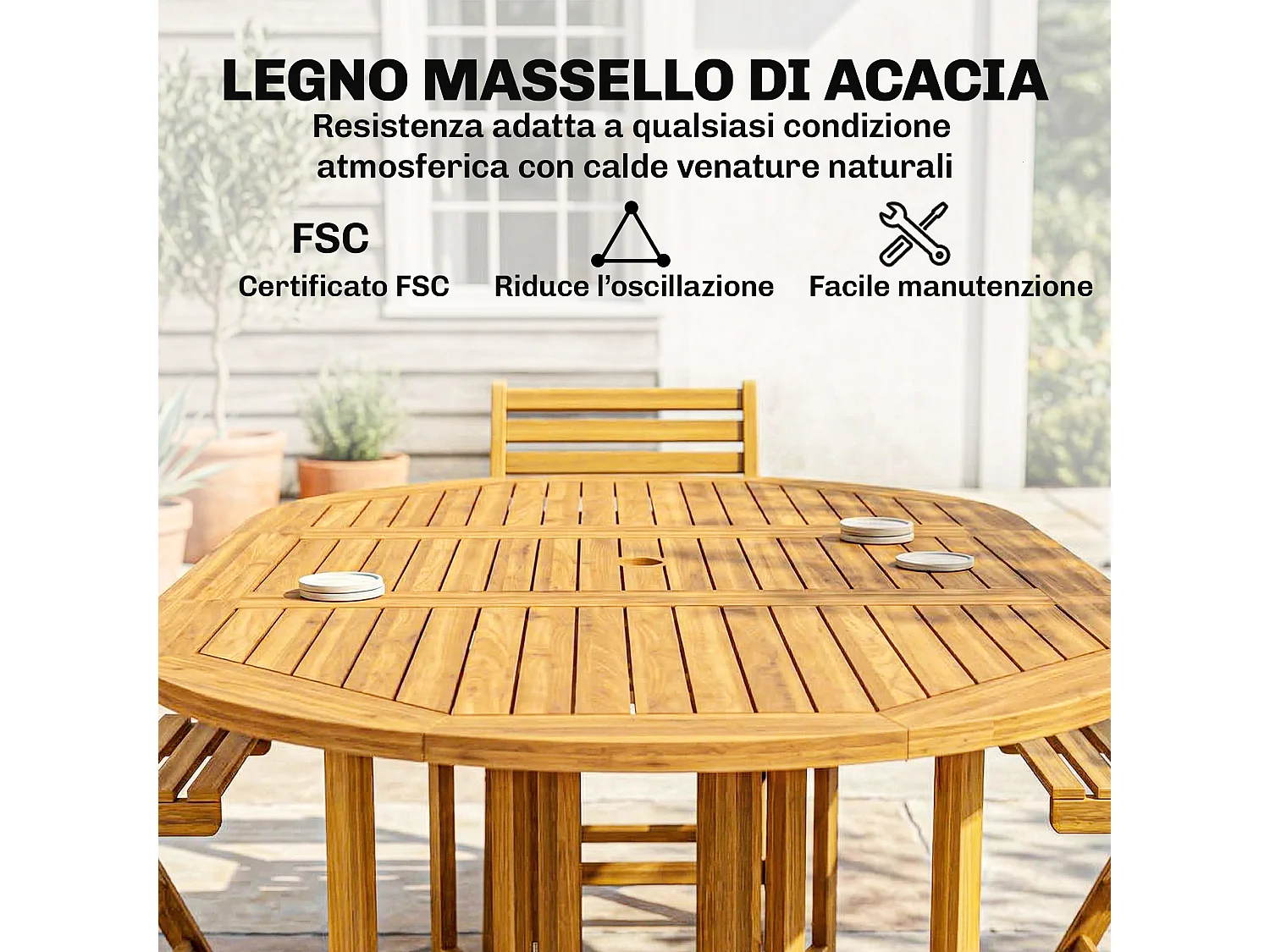 Set da pranzo estensibile in legno di acacia naturale