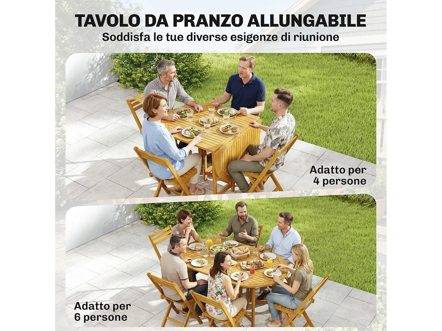 Set da pranzo estensibile in legno di acacia naturale