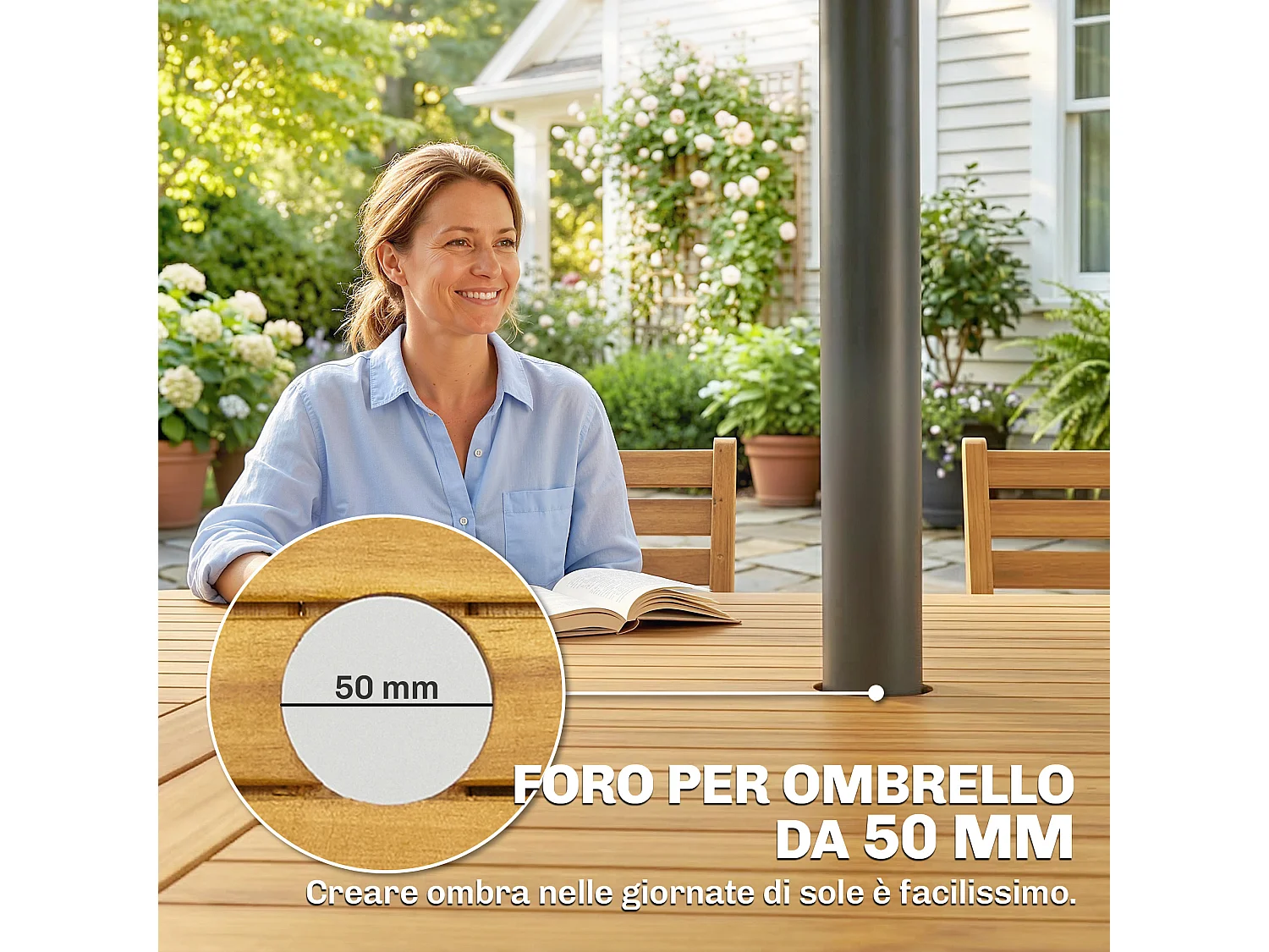 Set da pranzo estensibile in legno di acacia naturale
