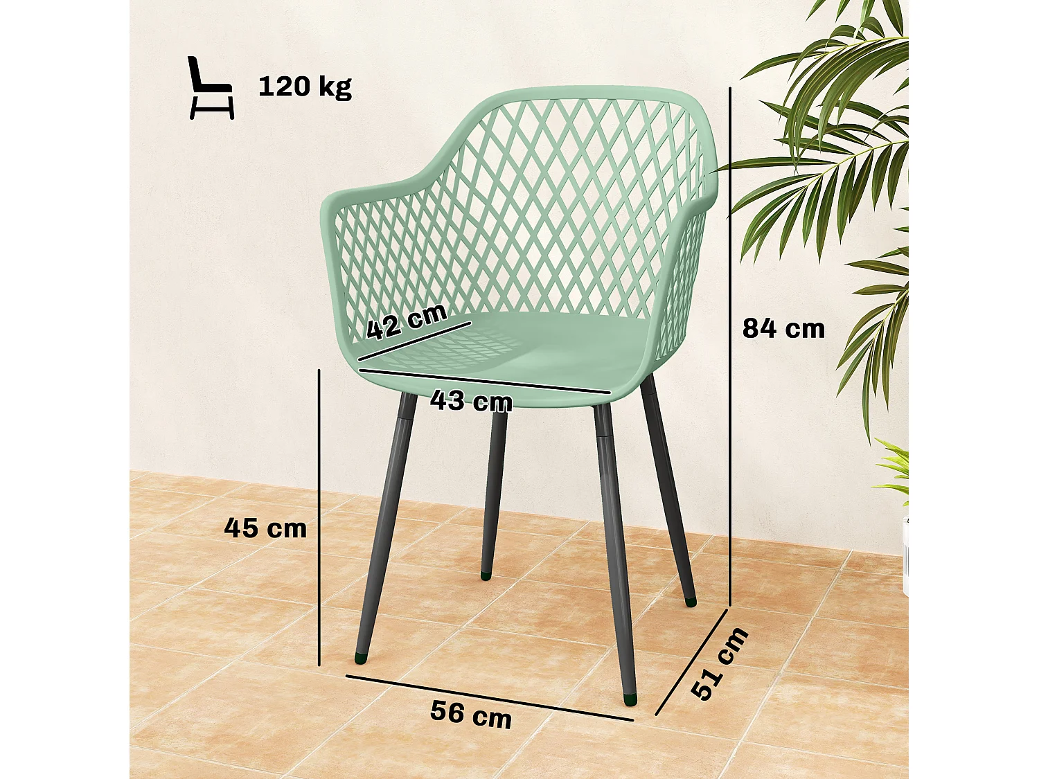 Set 4 sedie da giardino con braccioli metallo verde