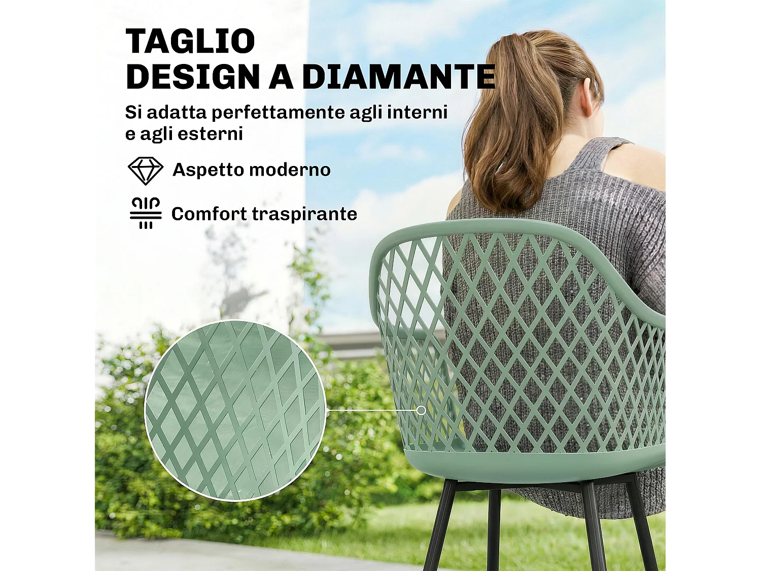 Set 4 sedie da giardino con braccioli metallo verde