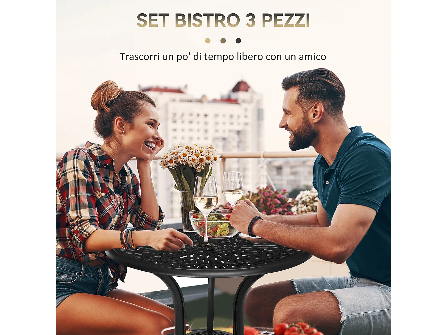 Set da giardino 3pz con 2 sedie e tavolino in vetro nero