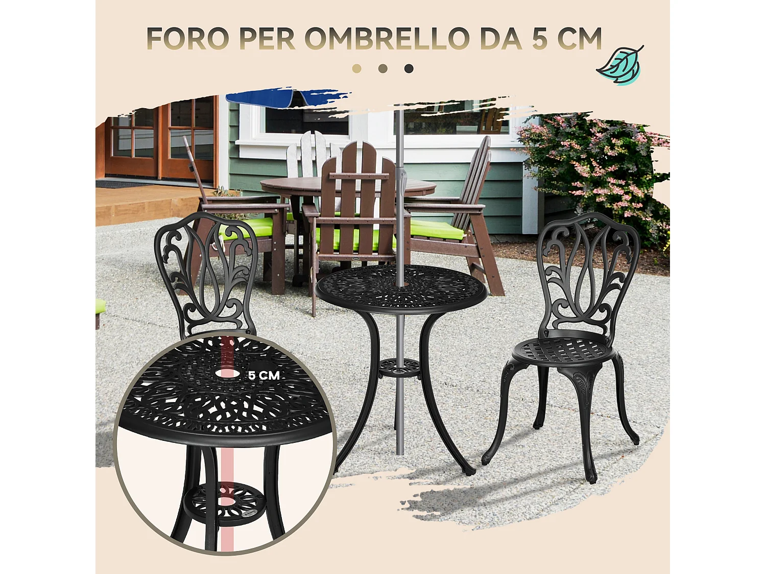Set da giardino 3pz con 2 sedie e tavolino in vetro nero