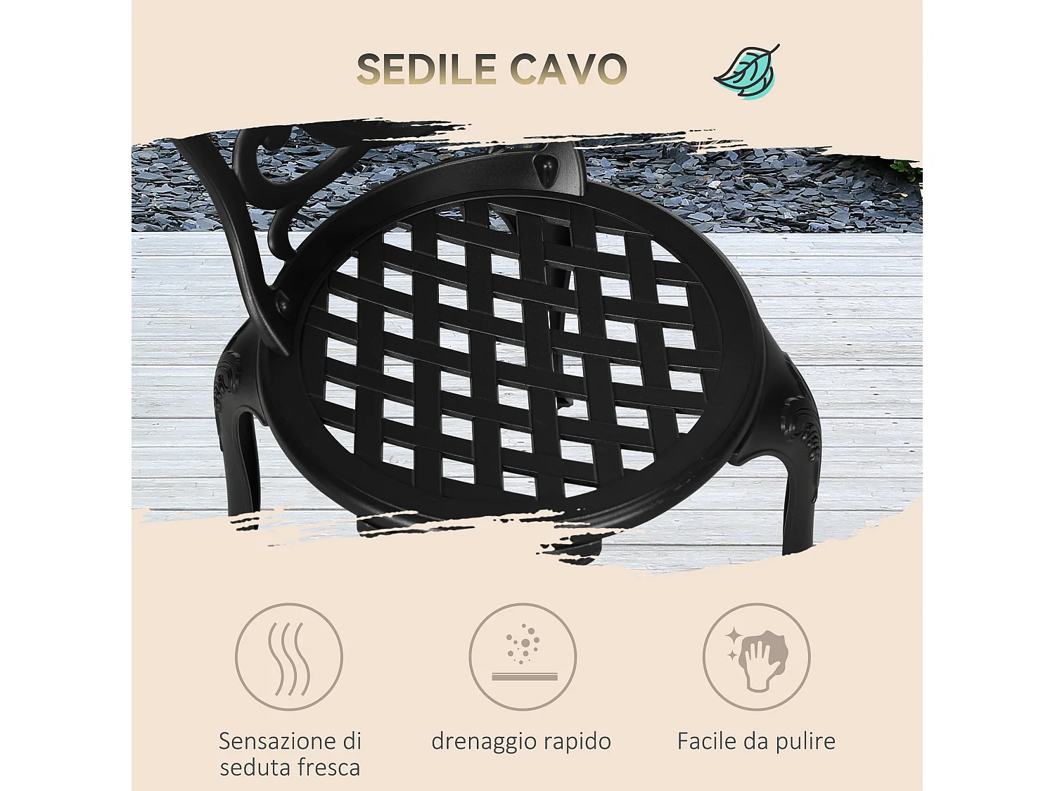 Set da giardino 3pz con 2 sedie e tavolino in vetro nero