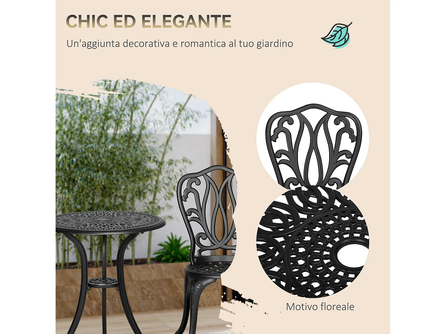 Set da giardino 3pz con 2 sedie e tavolino in vetro nero