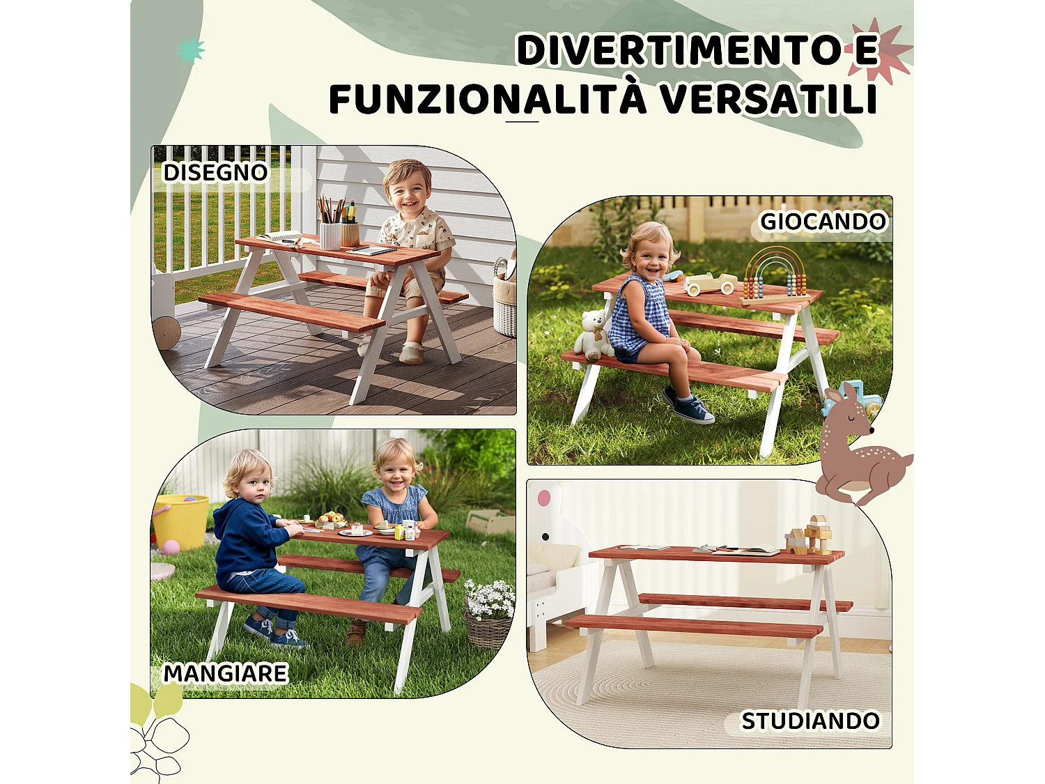Set tavolo picnic bambini con panche in legno marrone