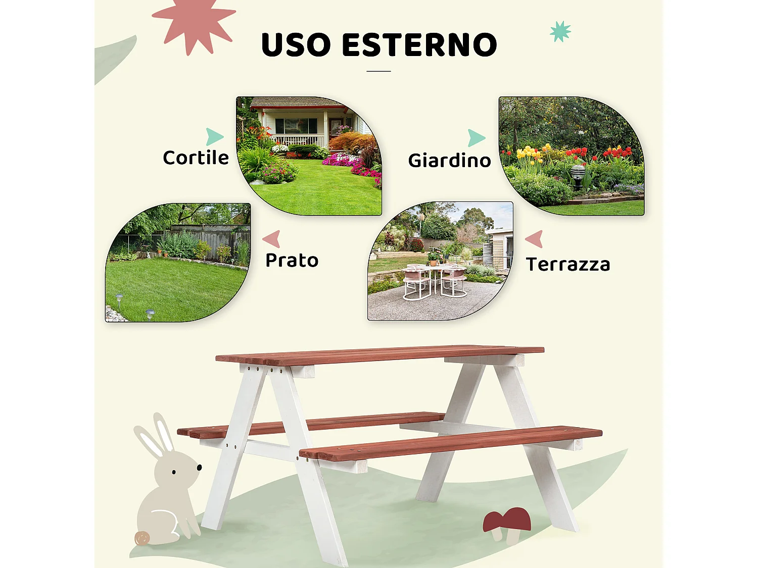 Set tavolo picnic bambini con panche in legno marrone