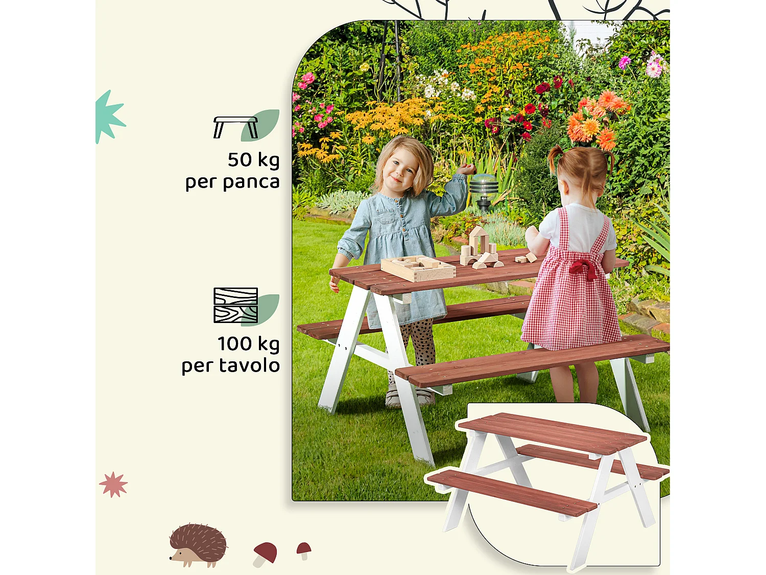 Set tavolo picnic bambini con panche in legno marrone