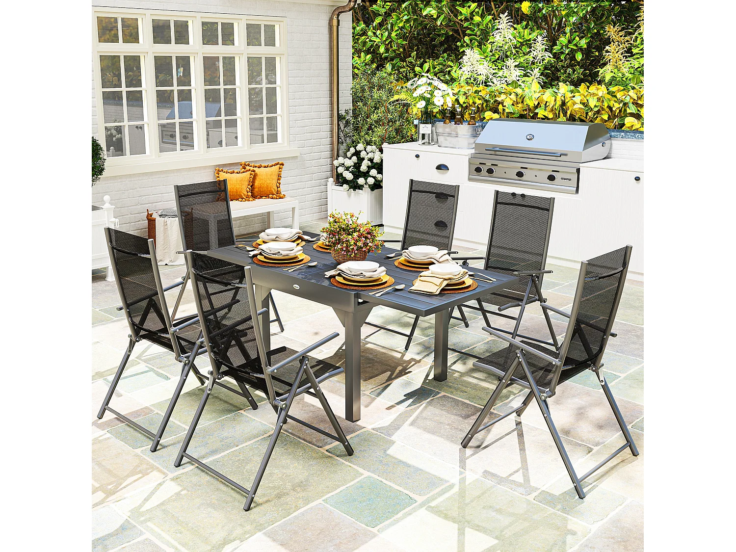 Set da giardino 7 pezzi con 6 sedie pieghevoli e tavolo allungabile