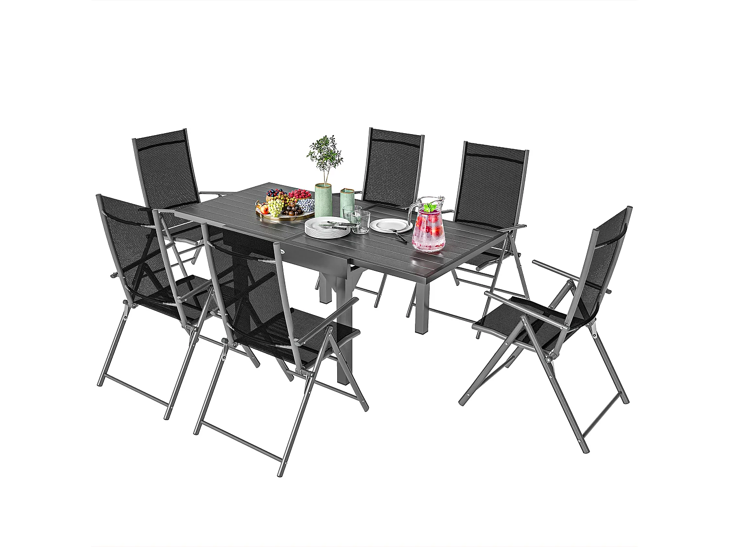 Set da giardino 7 pezzi con 6 sedie pieghevoli e tavolo allungabile
