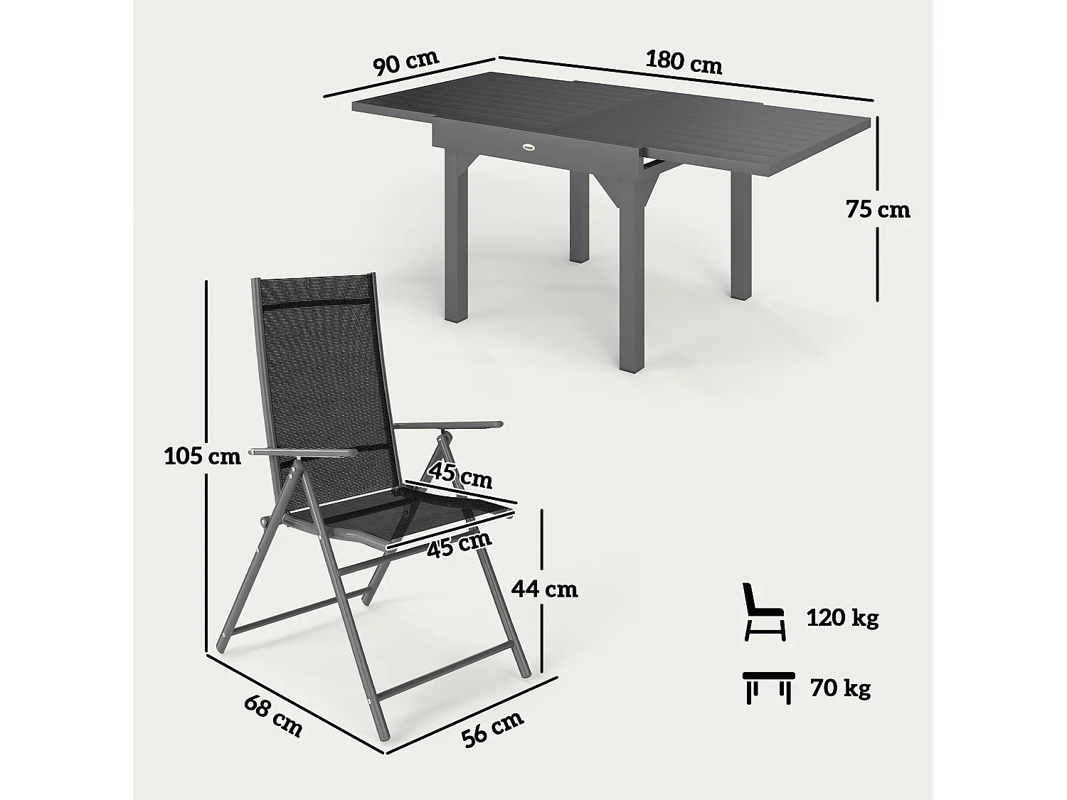 Set da giardino 7 pezzi con 6 sedie pieghevoli e tavolo allungabile