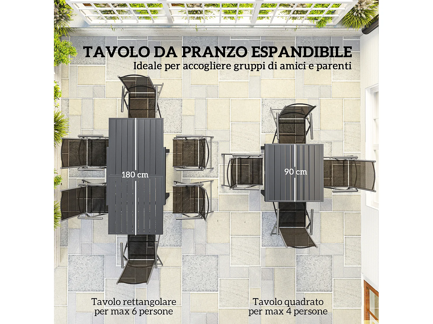 Set da giardino 7 pezzi con 6 sedie pieghevoli e tavolo allungabile