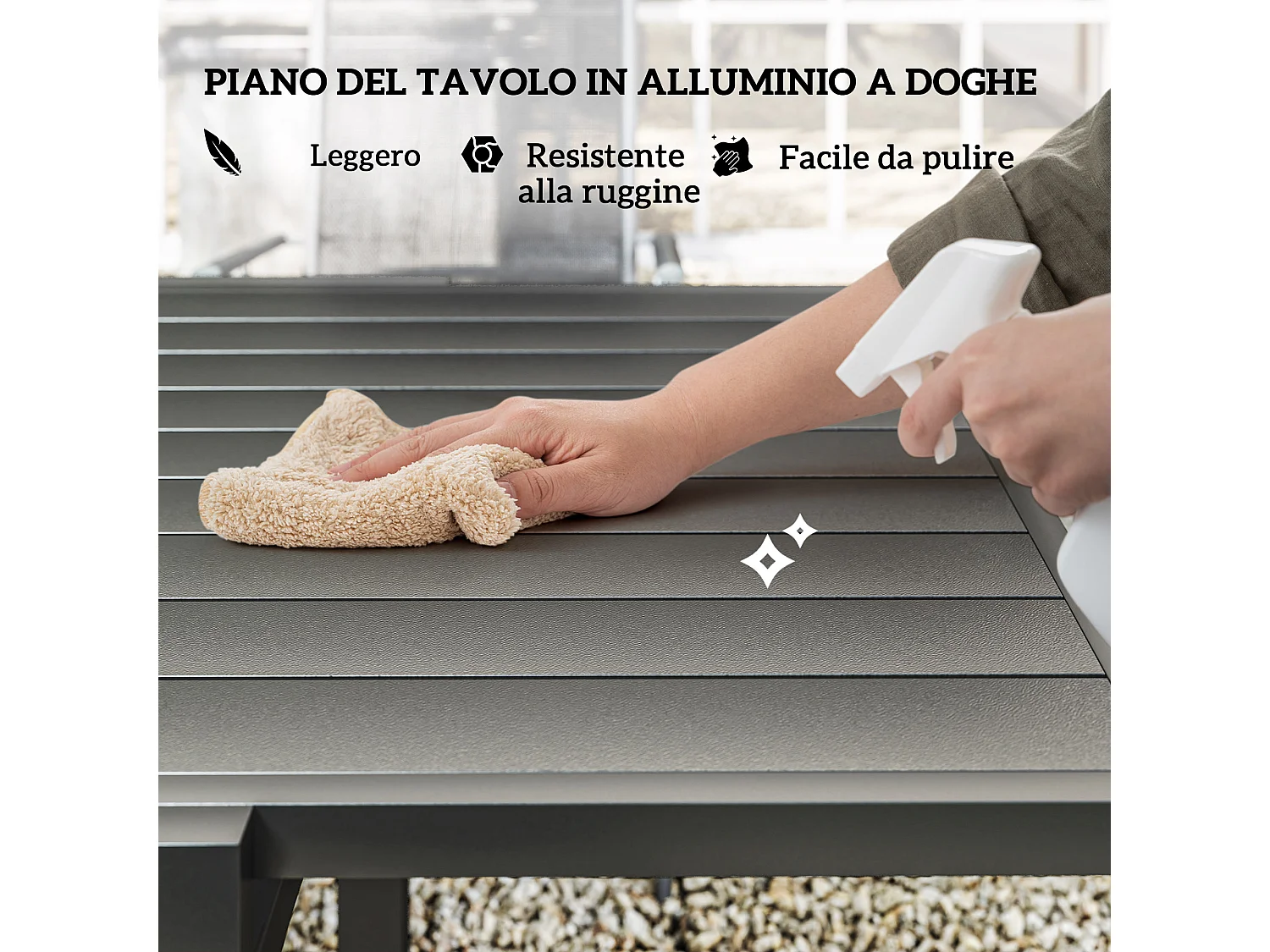 Set da giardino 7 pezzi con 6 sedie pieghevoli e tavolo allungabile